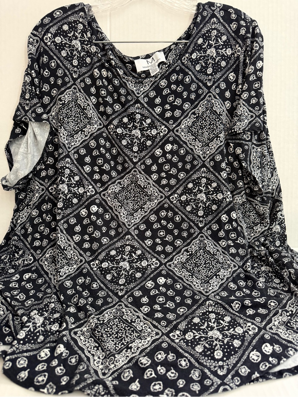 Magaschoni Black and White Bandana Print V-Neck Blouse